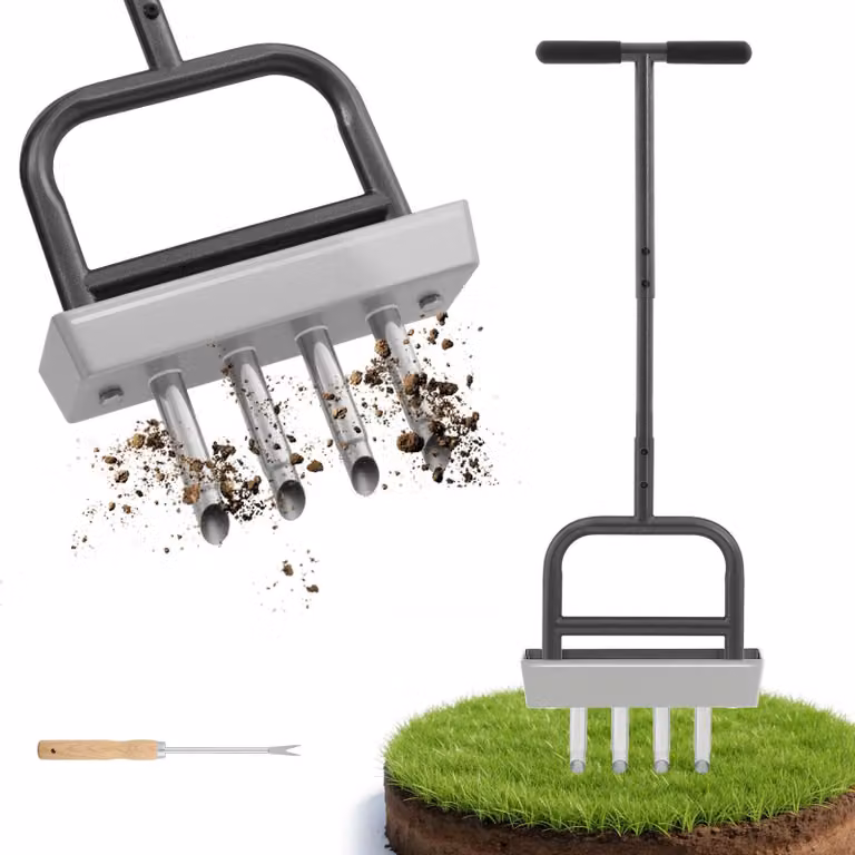 Arieggiatore manuale 2-in-1 – Arieggiatore per prato con 4 lame – Dotato di contenitore per la raccolta del materiale estratto – Realizzato in acciaio resistente, ideale per terreni compattati e per ottenere un prato più folto