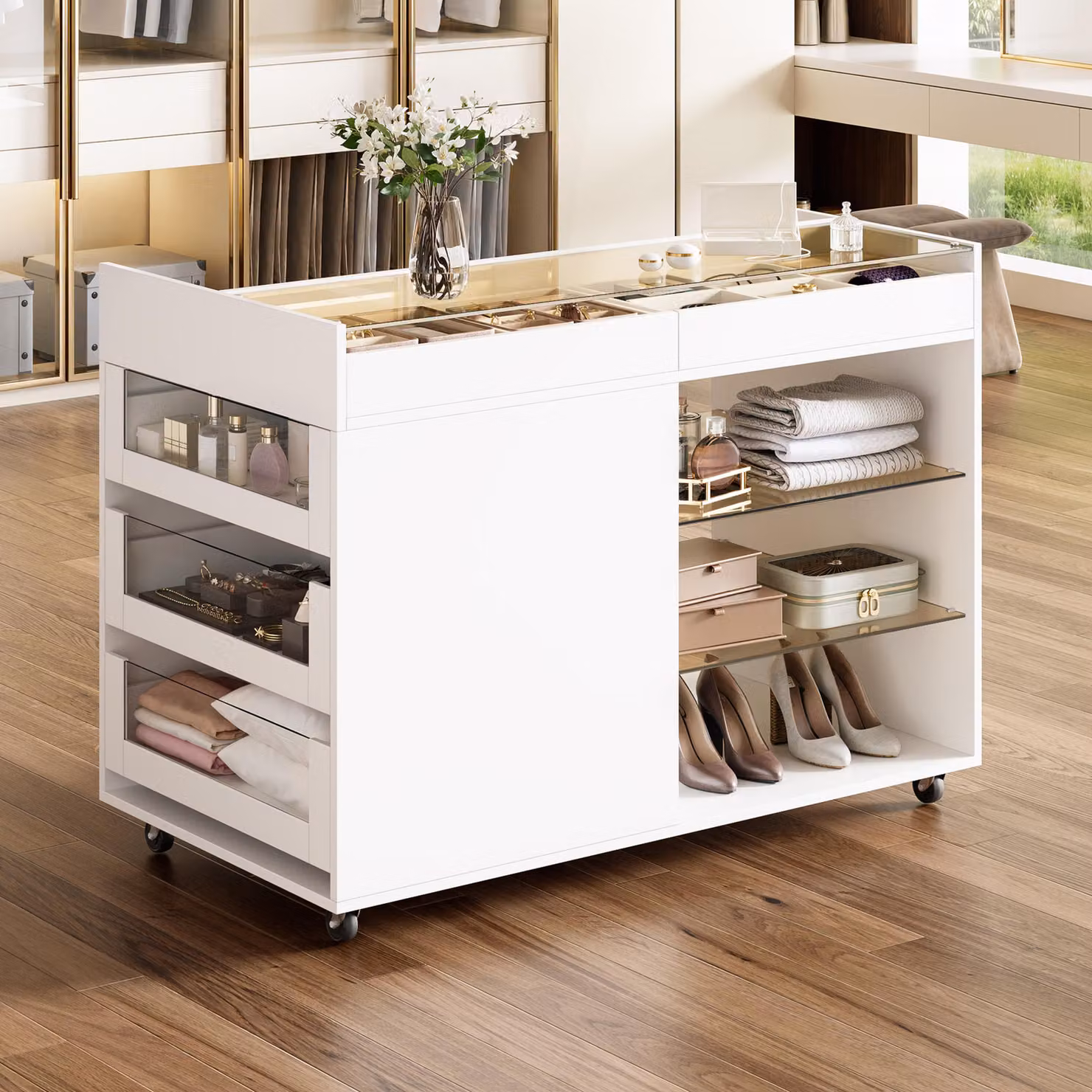 Mobile contenitore in vetro con 5 cassetti, suddivisione interna, armadio multiuso con ruote, mobile contenitore 110x60x79 cm, bianco