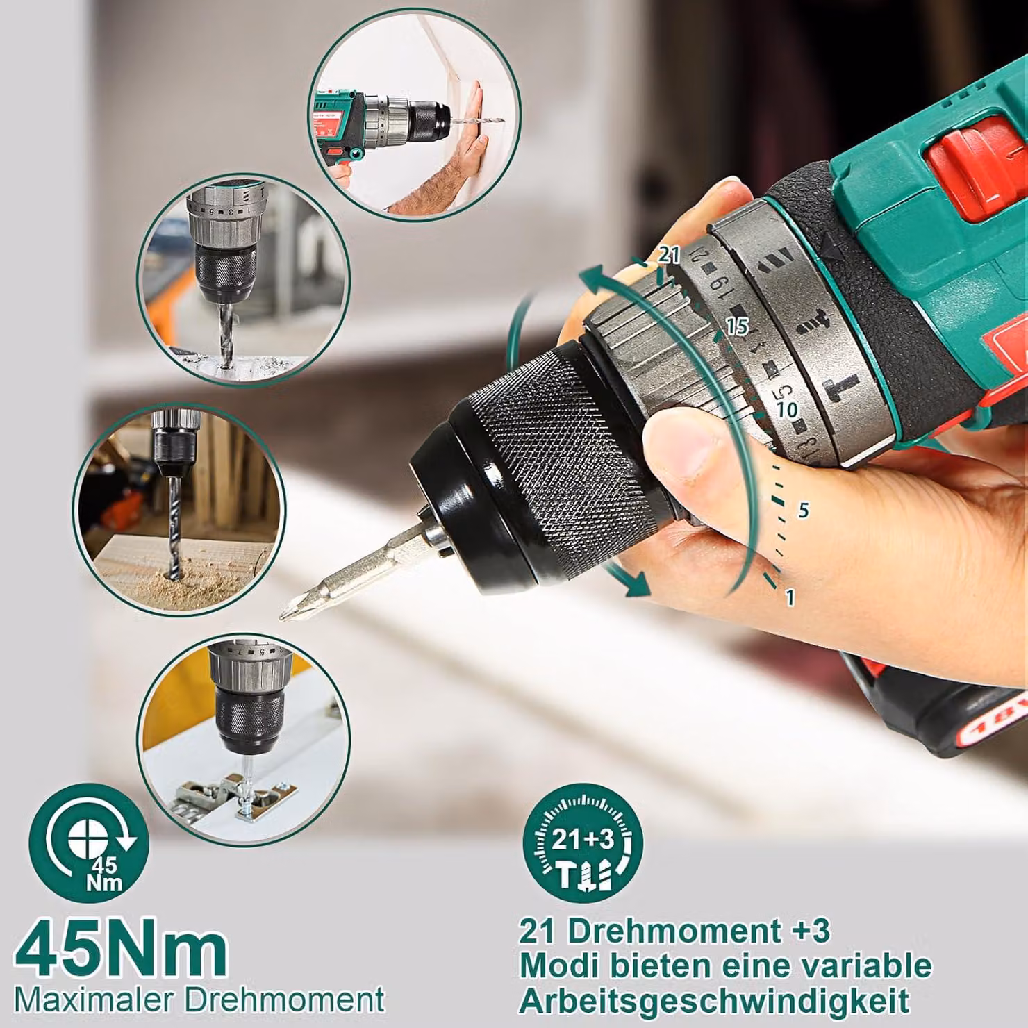 Trapano avvitatore a batteria - 18V, con set di accessori da 53 pezzi - Nero e verde