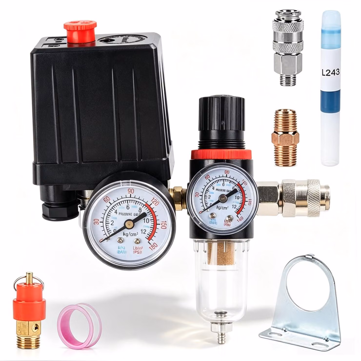 Interruttore di pressione per compressore, 240 V, con separatore d'acqua e 2 manometri, scala 90-175 PSI