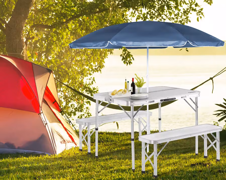 Set da campeggio Casaria con tavolo pieghevole e 2 panche in alluminio argento e bianco L/P/H: 120 x 70 x 70 cm – 2