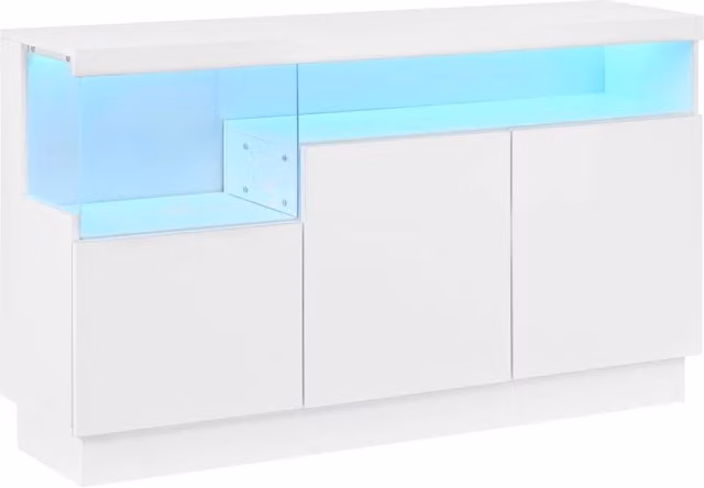 Madia Chicfurn moderna con 3 ante e vano a giorno in acrilico con LED, finitura lucida bianca, per soggiorno o sala da pranzo, L: 140 cm, P: 36 cm, H: 80 cm