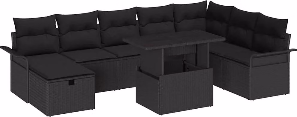 Set Divano da Giardino con cuscino 9 pcs Nero Poly Rattan