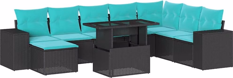 set di divani da giardino da 9 pezzi con cuscini, in polyrattan nero