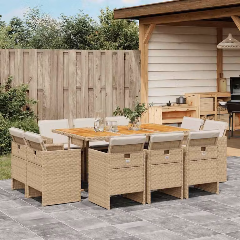 vidaXL Set da Pranzo da Giardino 11 pz in Polyrattan e Legno di Acacia con Cuscini Beige e Marrone