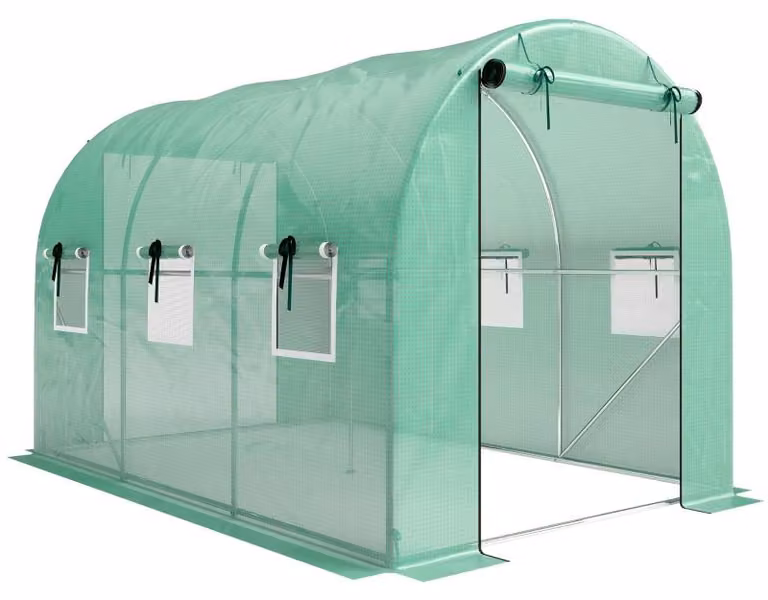 Serra Moonbite, dimensioni 3 x 2 x 2 metri, con 2 porte dotate di cerniera, 6 finestre a rete, struttura in acciaio zincato, telo in polietilene da 140 g/m², colore verde