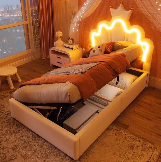 Letto imbottito MODFU con contenitore idraulico e illuminazione LED in ecopelle bianca, L/P/H: 90 x 200 cm