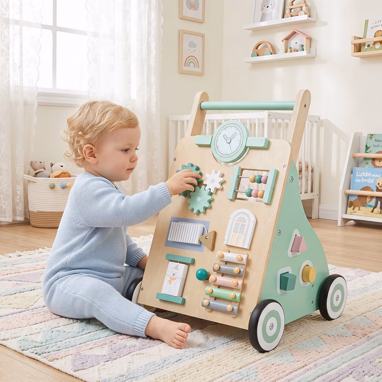 Carrello primi passi 2 in 1 Costway in legno multicolore con 9 giocattoli Montessori e scomparto portaoggetti per bambini dai 12 mesi in su