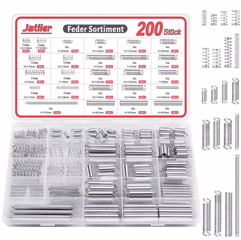 Set Feder-Sortiment, 200 pezzi, comprendente molle a trazione e a compressione, in 20 diverse dimensioni