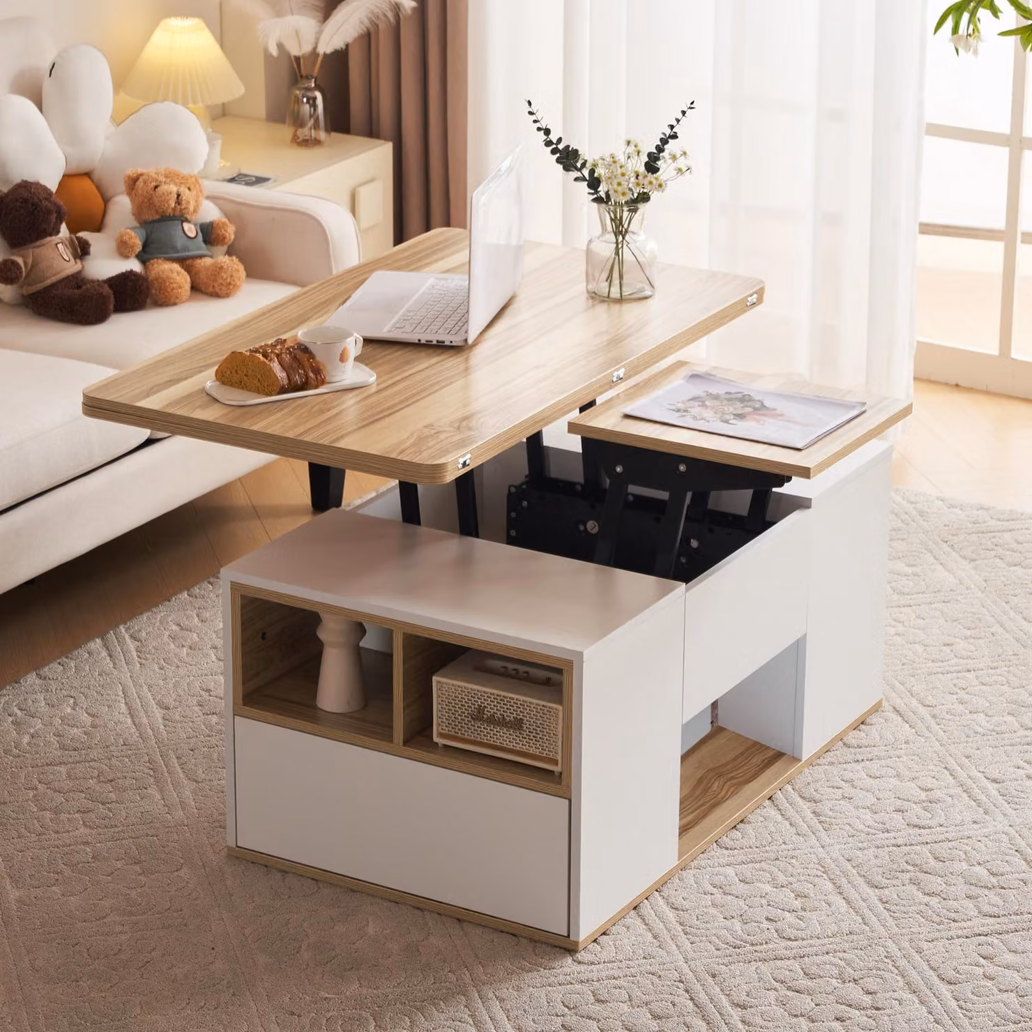 Abrihome Tavolino sollevabile con 2 cassetti, il piano si apre a 2 tavoli