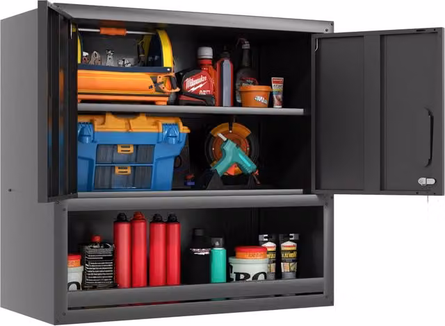 Armadietto per attrezzi a muro Minimal in metallo con 1 porta con chiusura, 1 ripiano regolabile e 1 cassetto aperto, Grigio o Nero – 1