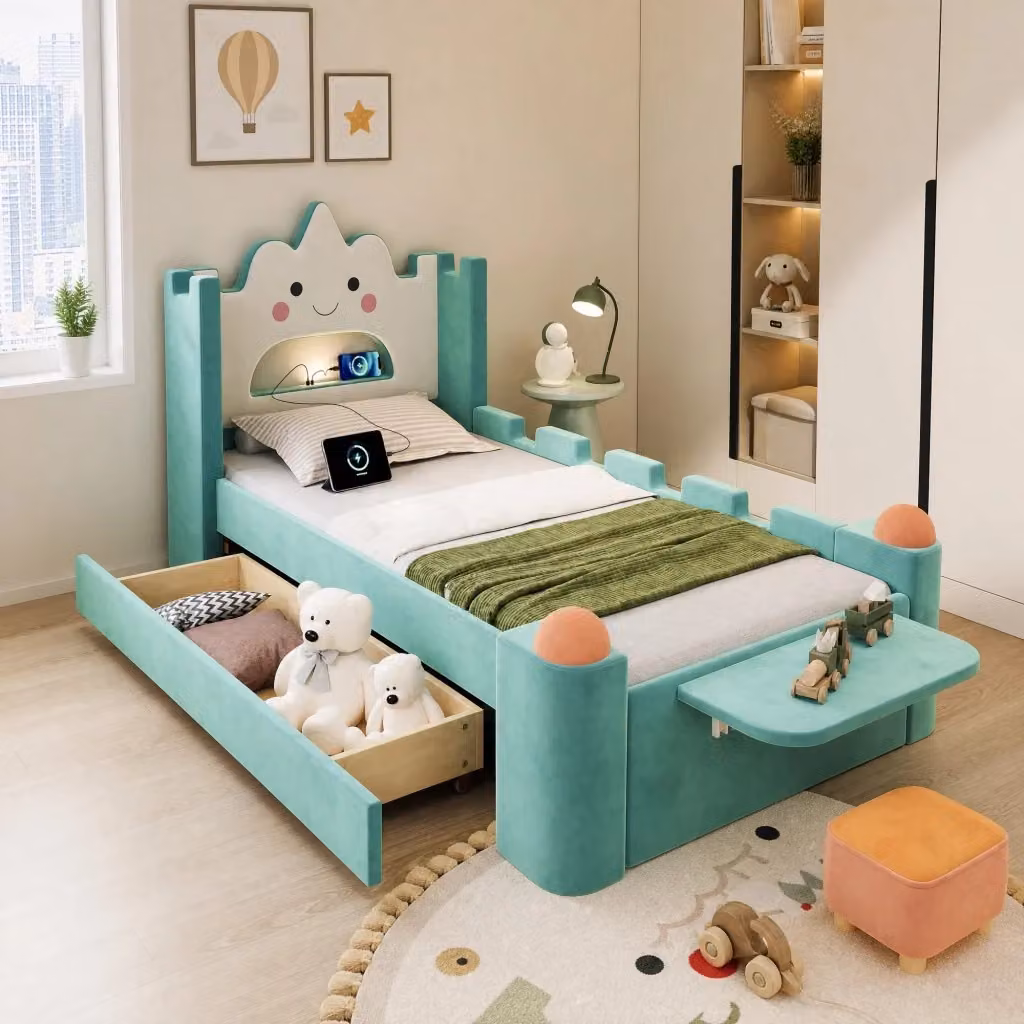 Letto Mivray con cassetti e protezioni laterali imbottite in velluto petrolio, dotato di lampada LED e porta USB, L/P/H: 90 x 200 x 106 cm – 2