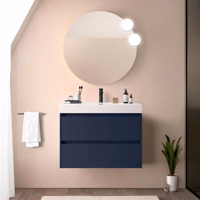 Mobile bagno sospeso 80 cm blu satinato con due cassetti e lavabo in resina Gaya