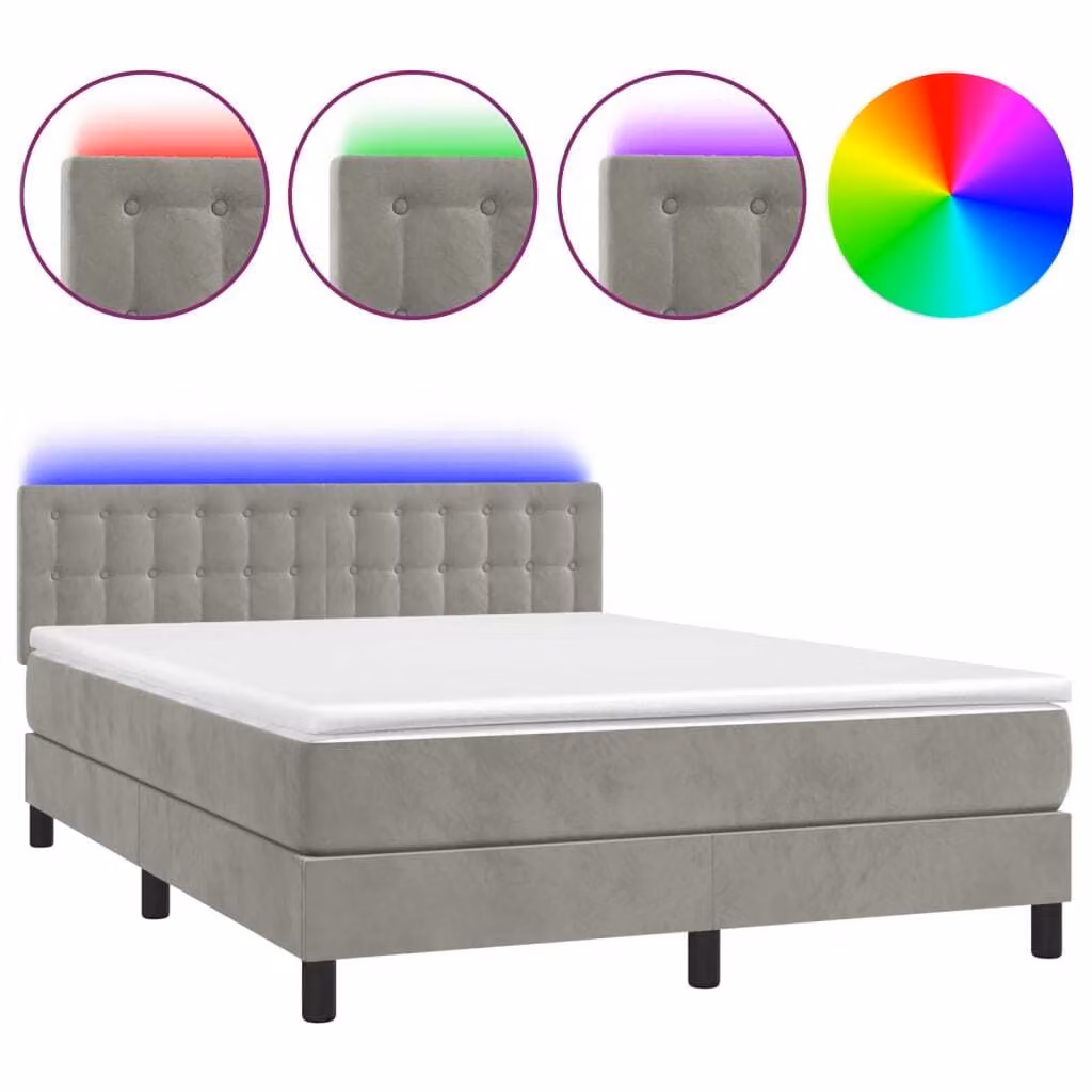 Letto a Molle con Materasso e LED Grigio Chiaro 140x190 cm Velluto