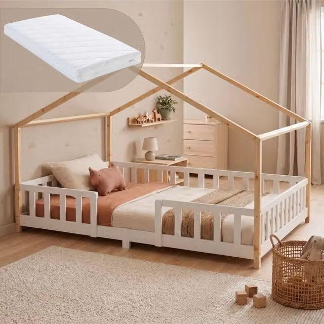 Letto per cameretta Treviolo a forma di casetta in stile Montessori con materasso en.casa, Bianco e Beige, L/P/H: 200 x 140 x 146 cm – 1