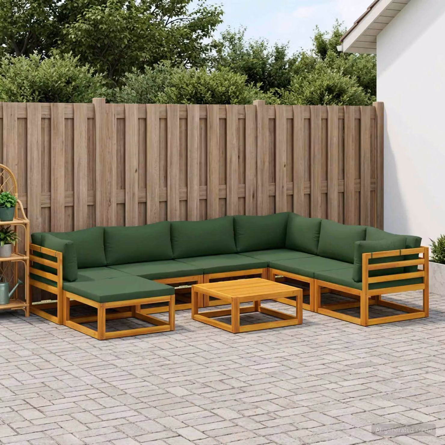 Set di divani da giardino vidaXL a forma di U in legno di acacia massello con 8 pezzi, colore marrone e verde, comprensivo di cuscini e tavolino da esterno