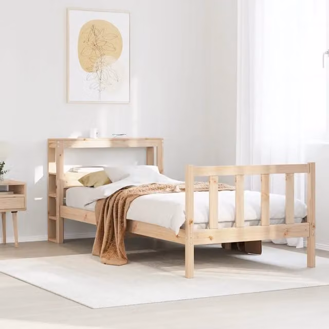 Letto in legno massello di pino VIDAXL stile rustico con ripiani laterali beige L/P/H: 190 x 90 x 82 cm