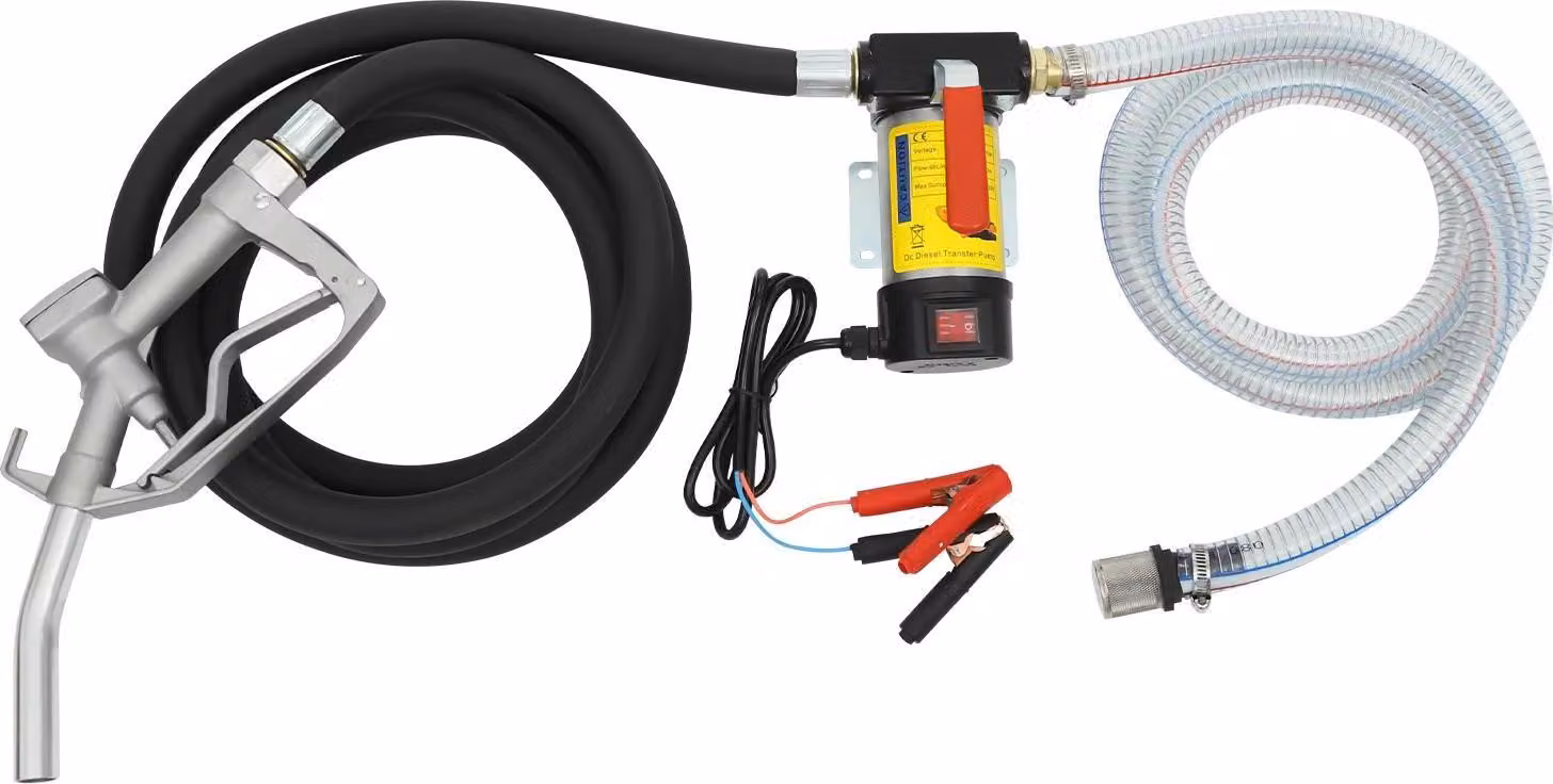 Pompa di trasferimento diesel - Autoadescante 12 V - 200 W - 45 l/min - Prevalenza 7 m - Altezza di aspirazione 5 m - Attacco 19 mm - Tubi flessibili 2/4 m, filtro - Nero