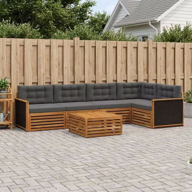 Set di divani da esterno vidaXL a forma di L composto da 6 pezzi in legno di acacia con cuscini in poliestere beige e antracite e tavolino da giardino