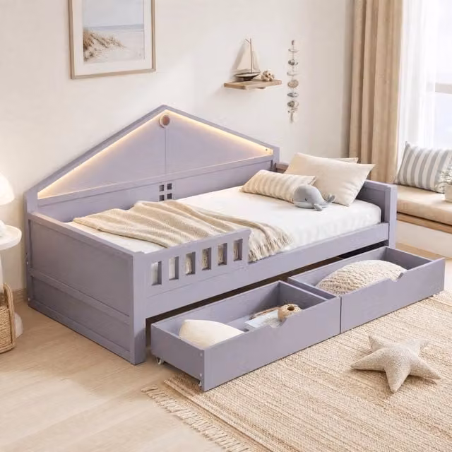 Letto singolo 90 × 200 cm con due cassetti luce led controllabile da smartphone in legno e mdf grigio