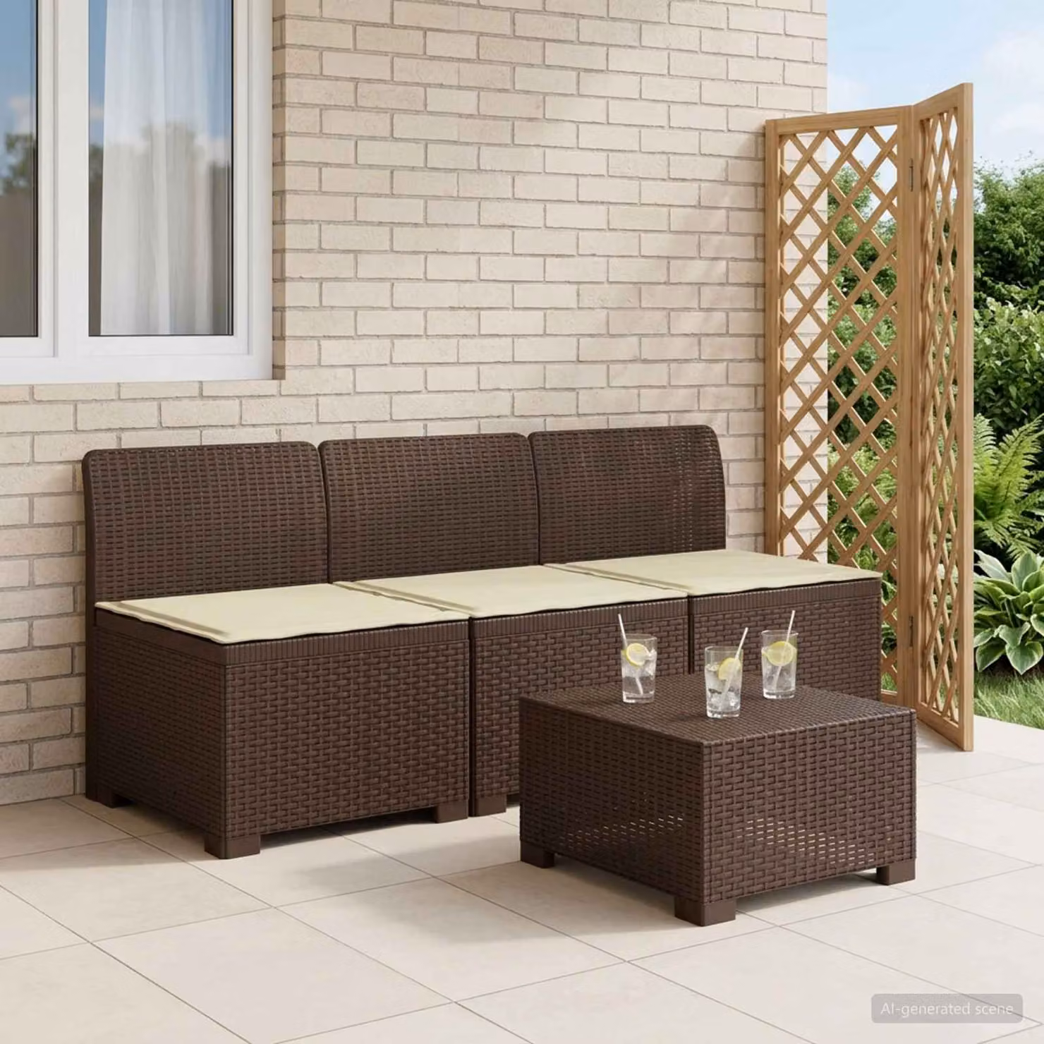 Divano da giardino a 3 posti vidaXL con cuscini in look rattan, marrone e beige