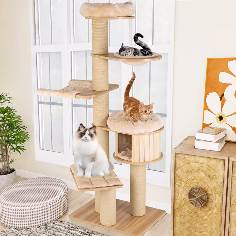 Albero tiragraffi per gatti moderno Costway in legno con nicchia e amaca Beige