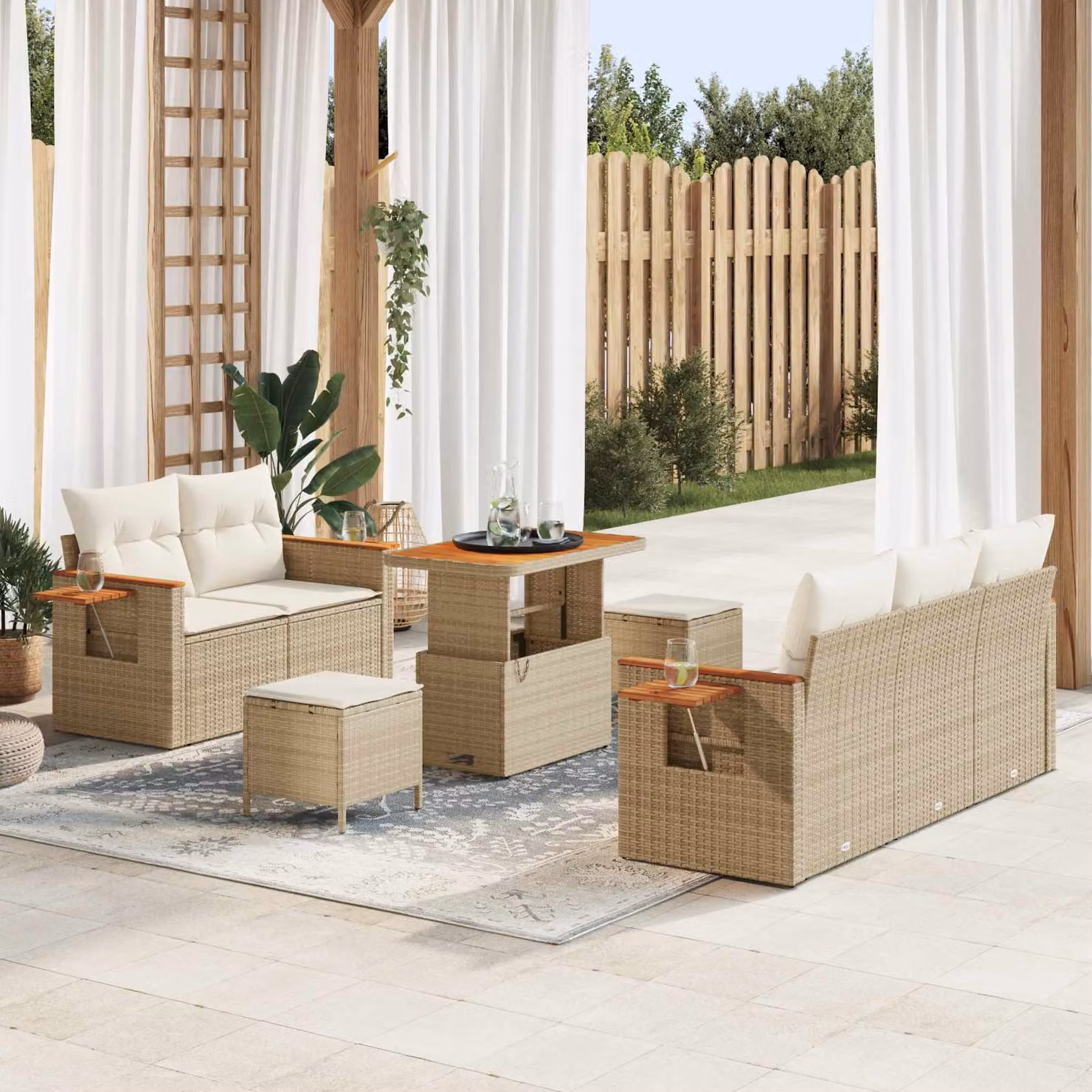 Set Divano da Giardino L-Shape vidaXL 8 Pezzi Beige con Cuscini e Tavolino in Polyrattan e Acciaio – 1
