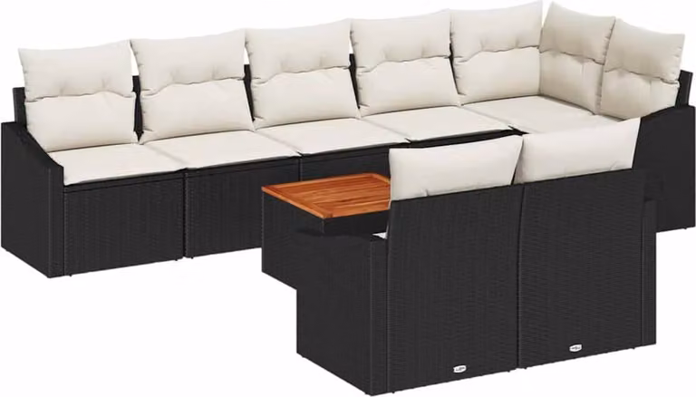 Set Divano da Giardino con cuscino 9 pcs Nero polyrattan