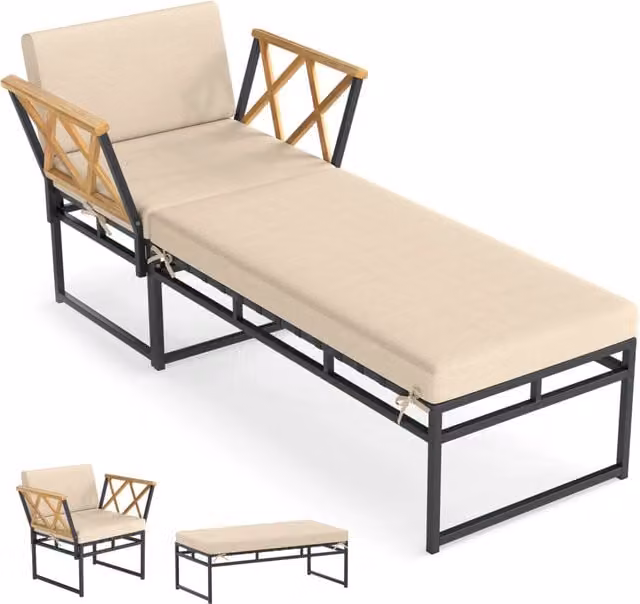Set mobili patio 2 pezzi metallo poltrona esterno cuscino, Set braccioli legno acacia pouf giardino piscina Bianco