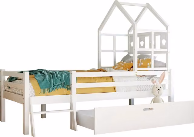 Letto a soppalco Chicfurn per bambini in legno bianco con scala, cassetti e barriera di sicurezza L/P/H: 207 x 90 x 159 cm