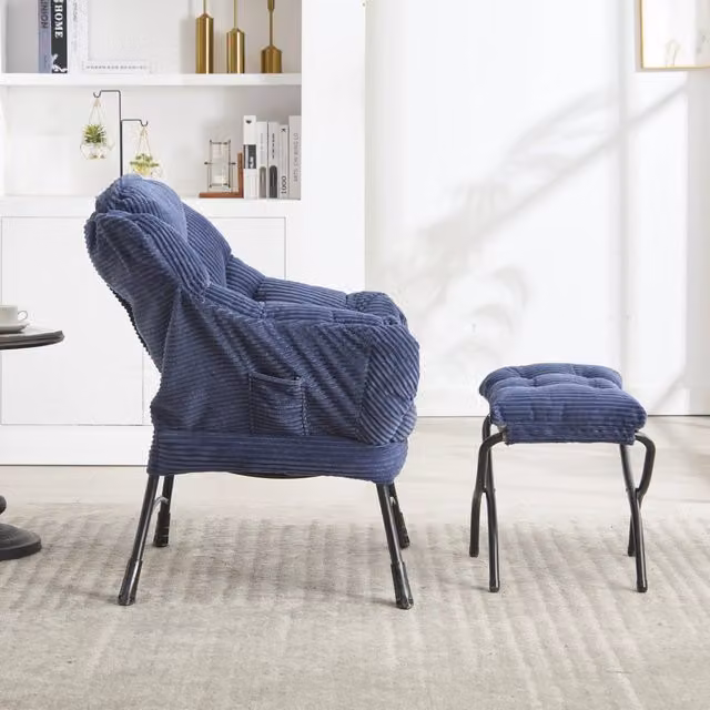 Poltrona Relax Minimal con Poggiapiedi e Braccioli in Tessuto Blu Navy
