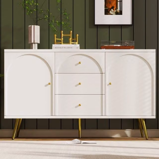 Credenza ULEVR 140x40x84 cm con 2 ante, 3 cassetti e ripiani regolabili, bianco crema