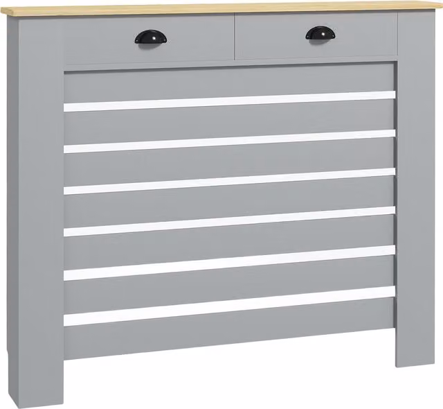 Copritermosifone HOMCOM in MDF a doghe con griglia e 2 cassetti, Grigio, L 111 cm x P 19 cm x H 95,5 cm
