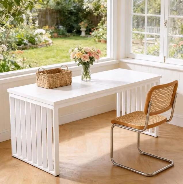 Scrivania doppia ULEVR 180x60 cm per due persone, piano in MDF e struttura in metallo bianco