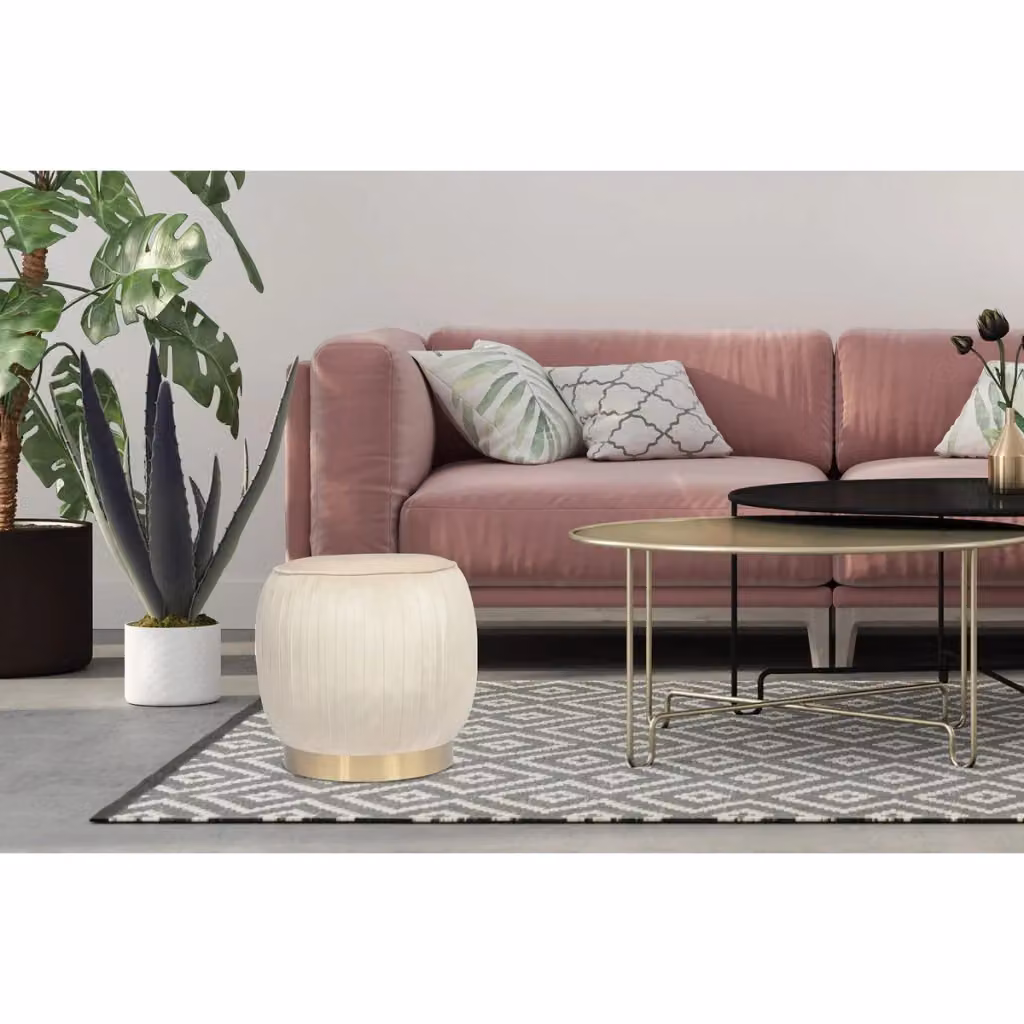 Pouf cilindrico in velluto beige con base dorata KENDRA HOME – 2