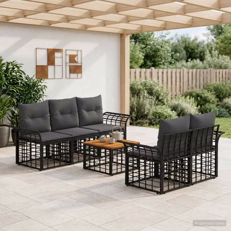 Set di divani da esterno vidaXL in polyrattan composto da 6 pezzi con cuscini, colore nero e grigio scuro