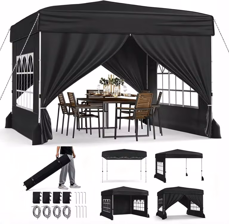 KOMFOTTEU, Gazebo pop-up 3x3 metri, impermeabile, con 4 pareti laterali e 4 sacchi di sabbia, gazebo da giardino regolabile in altezza (3 posizioni), con borsa per il trasporto, ideale per spiaggia, matrimoni e campeggio, colore nero