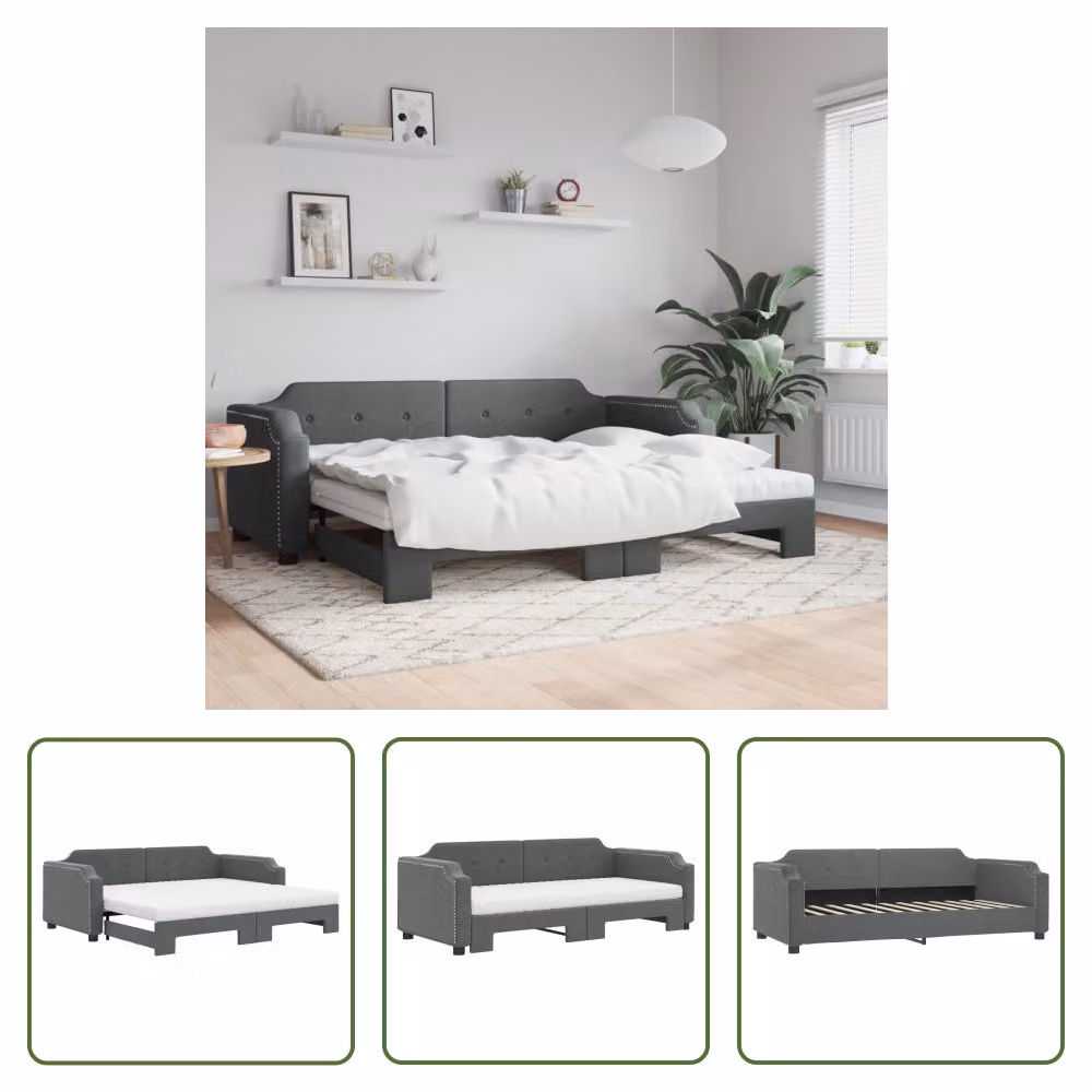 The Living Store Letto da giorno allungabile con materassi grigio scuro 100x200 cm in tessuto