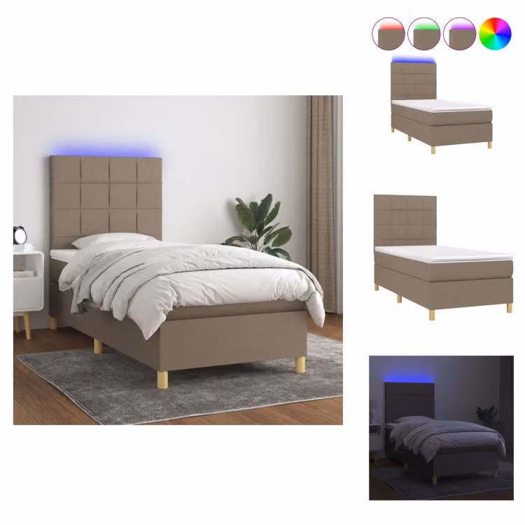 vidaXL Letto a molle con materasso e tessuto LED Taupe 80x200 cm - Letti & strutture letto