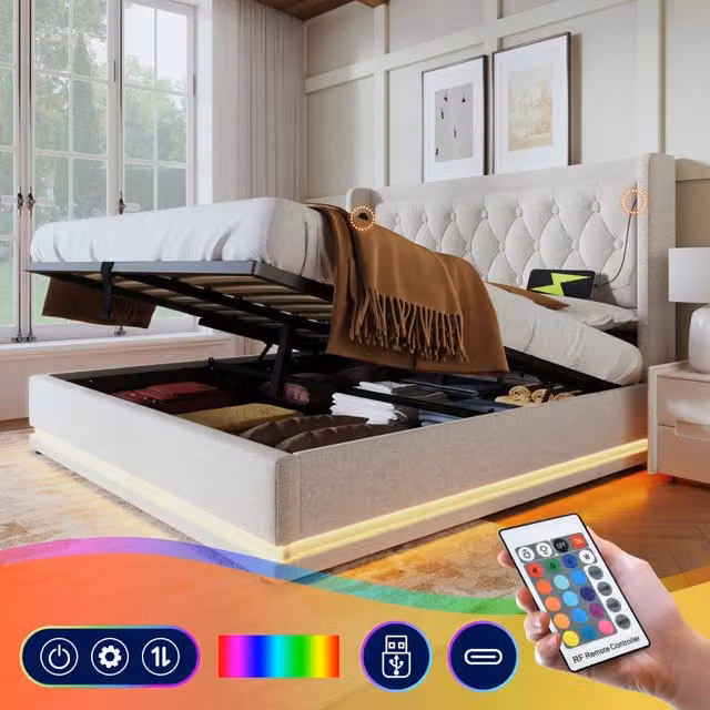 Letto matrimoniale 160x200 - Xylo - USB-C LED 3 lati beige