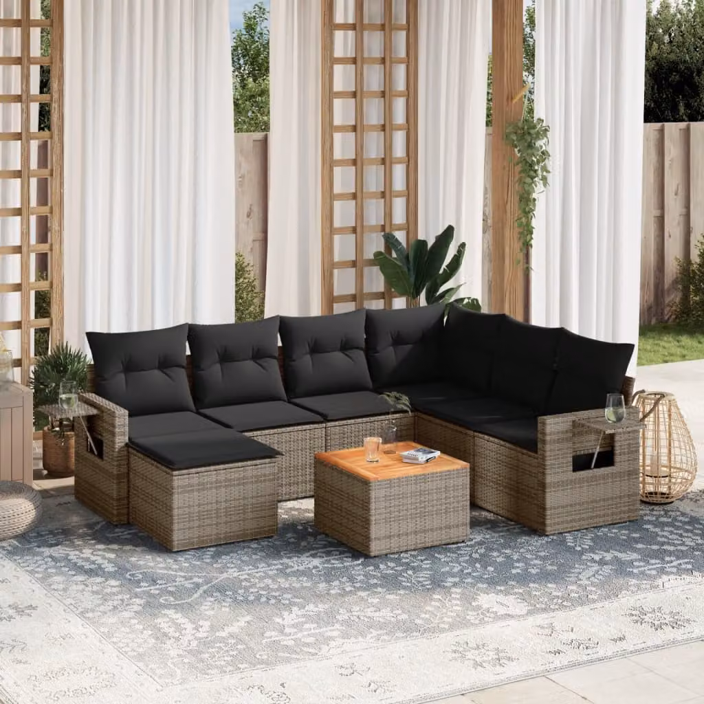 vidaXL Set Divano da Giardino 8 pz in Polyrattan Grigio con Cuscini e Tavolino – 1