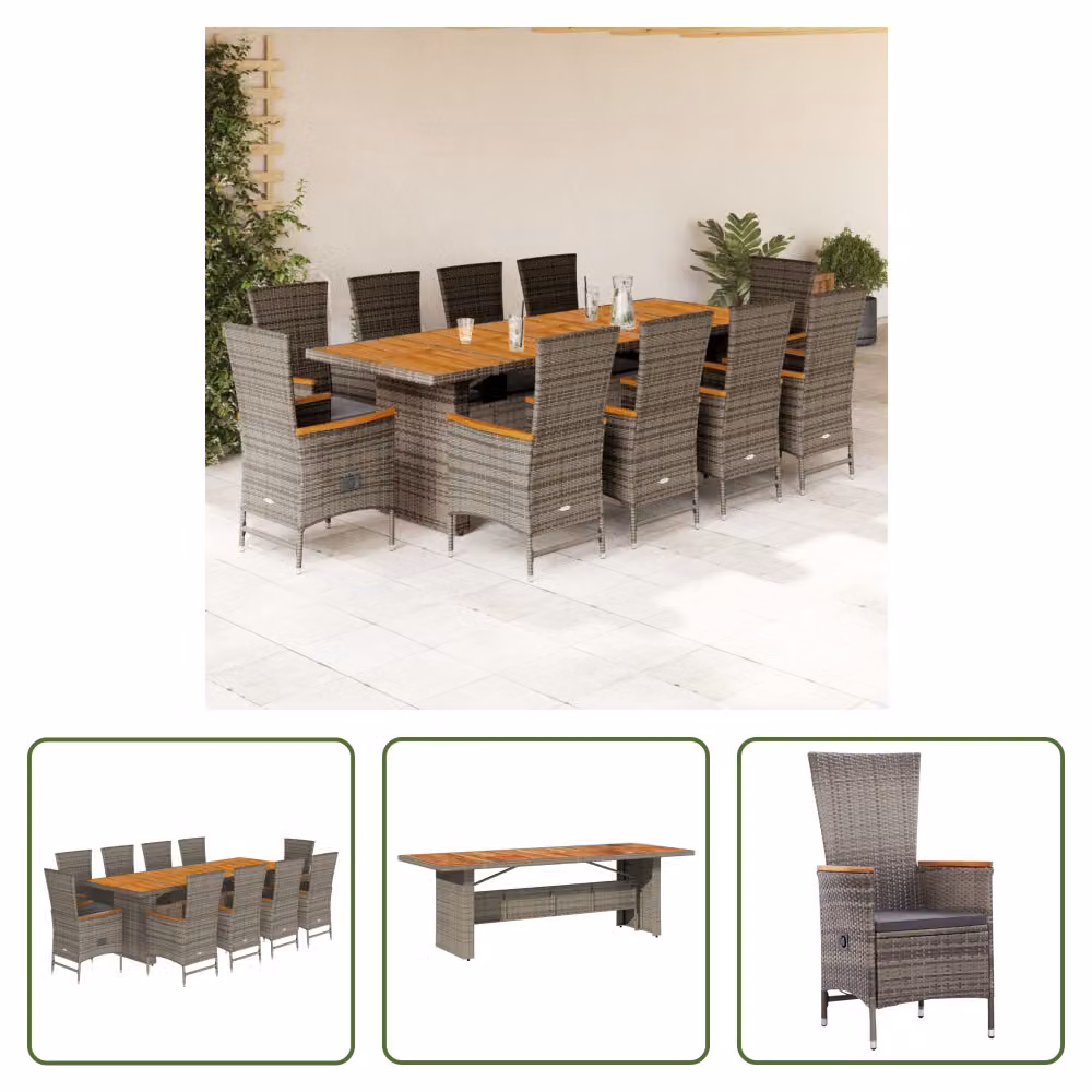 The Living Store Set da pranzo da giardino 11 pezzi con cuscini in poly rattan grigio