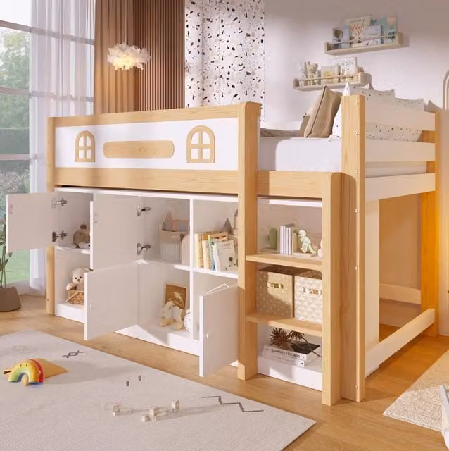 Letto semialto 90x200 cm in pino con lavagna e ripiani, scaletta inclusa, bianco e naturale, senza materasso