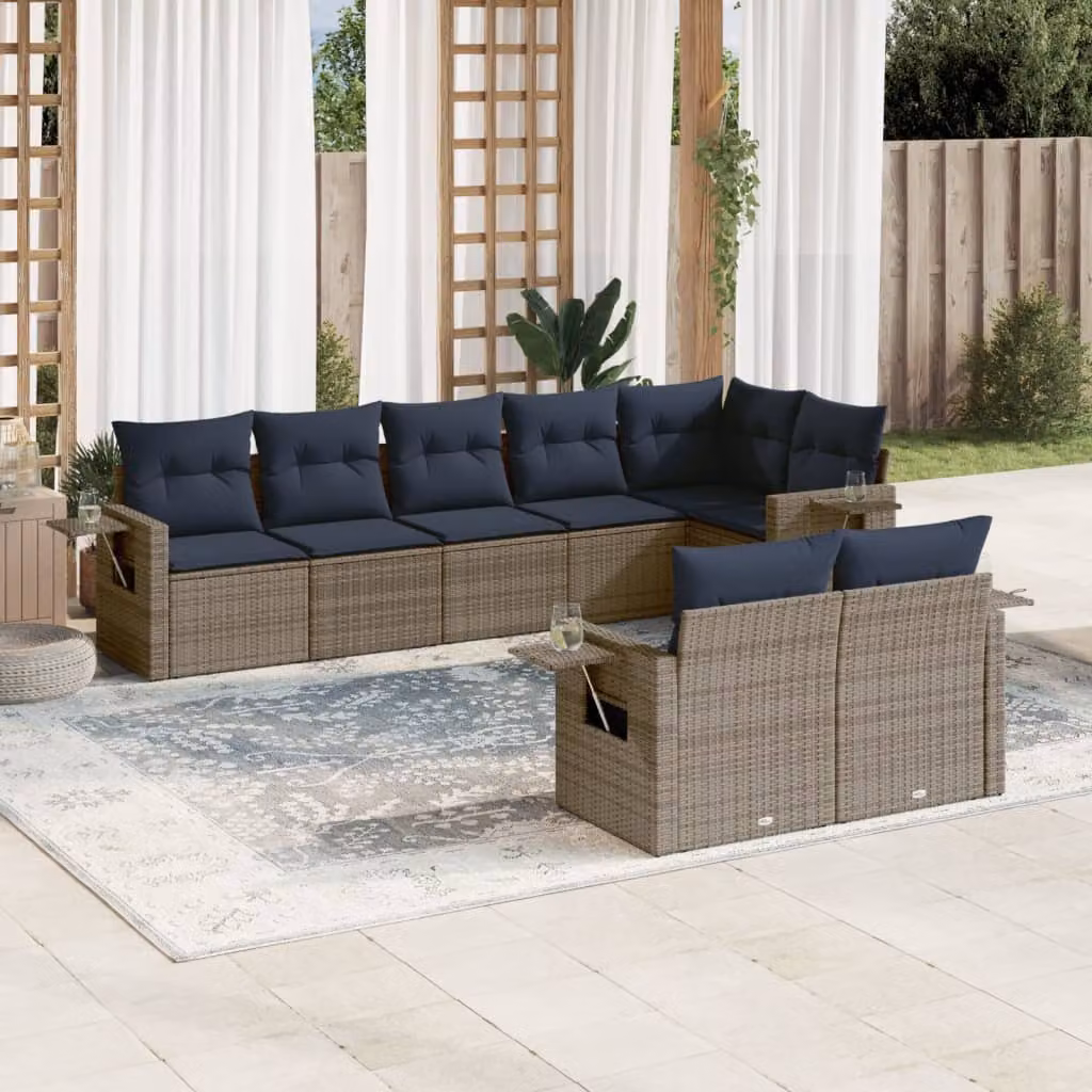 Set di divani da giardino vidaXL a forma di L composto da 8 pezzi in polyrattan con cuscini grigi e blu e struttura in metallo
