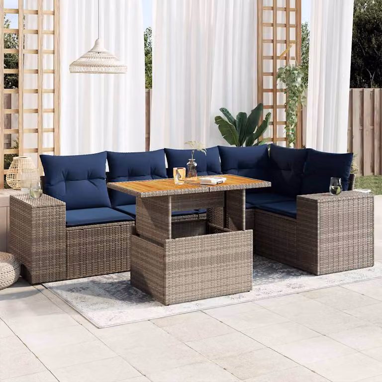 Set Divano da Giardino vidaXL 6 pz in Polyrattan e Legno di Acacia con Cuscini Grigio e Blu