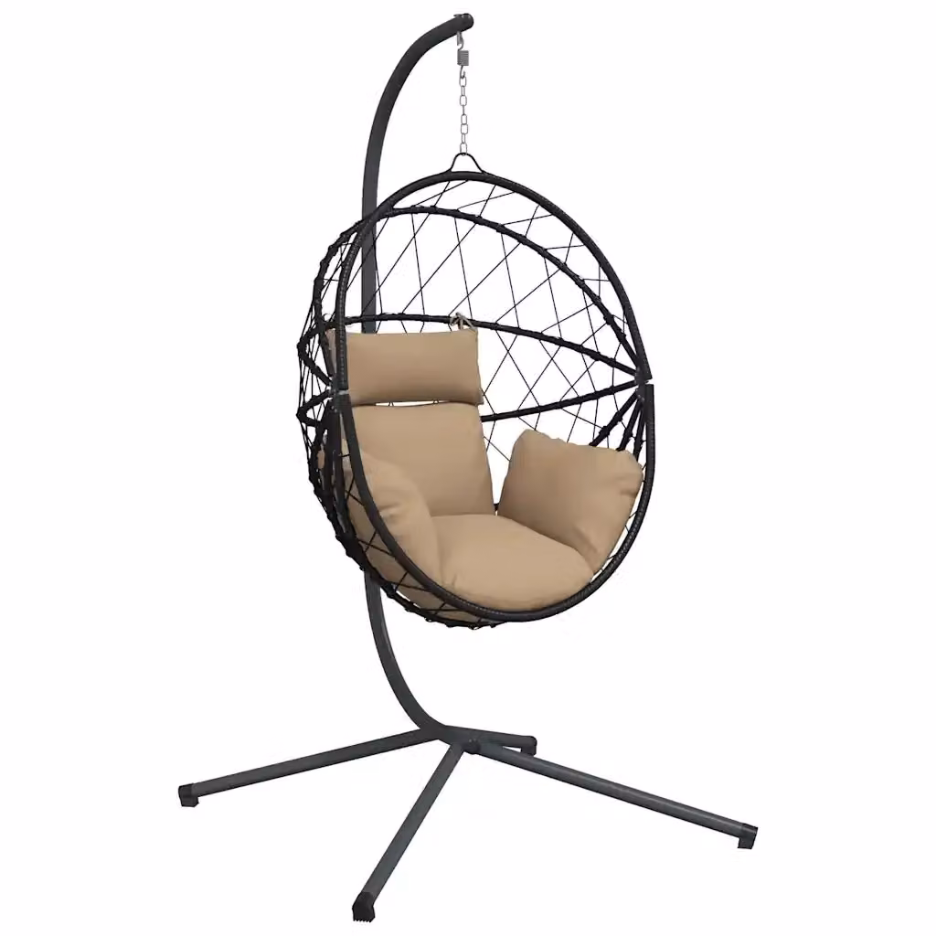 Sedia a Uovo Sospesa con Supporto vidaXL in Polyrattan e Accio Verniciato, Colore Antracite, Beige e Nero, con Cuscini Inclusi – 2