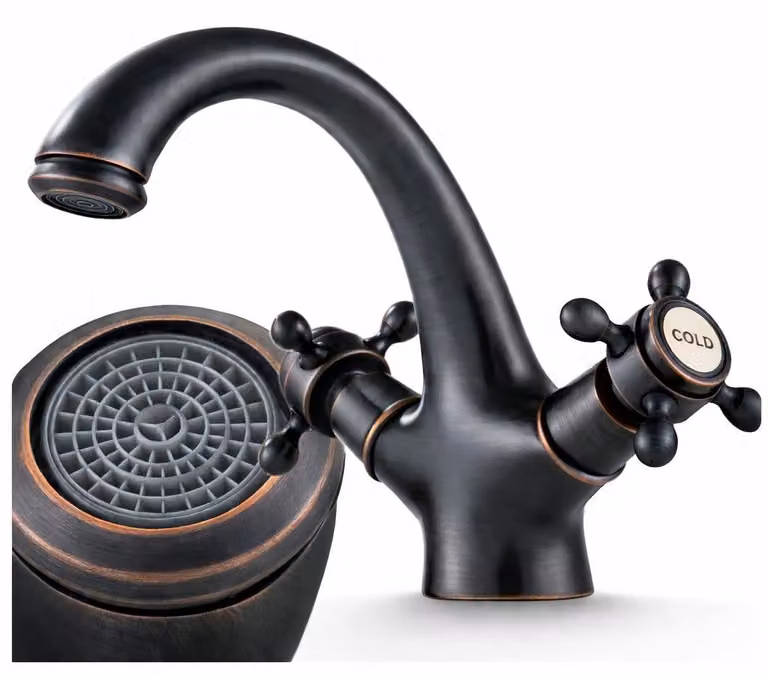 Miscelatore per lavabo da bagno Ari Retro, finitura nera anticata, realizzato in ottone massiccio, con 2 maniglie, cartuccia in Vetroceramica e aeratore, adatto per foro di montaggio da 35 mm