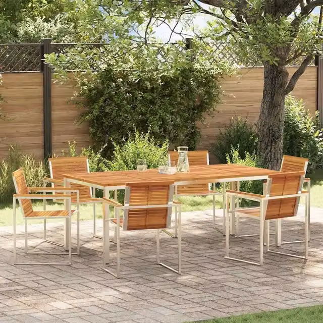Set da pranzo per giardino e terrazzo vidaXL in legno di acacia e acciaio inossidabile, 7 pezzi, marrone e argento