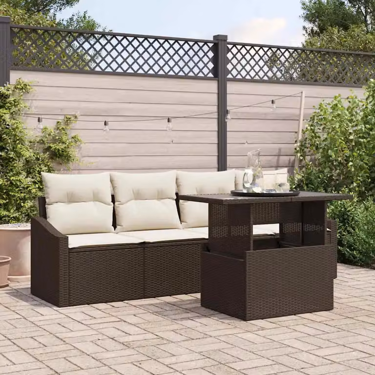 Set Divano da Giardino vidaXL 5 Pezzi in Polyrattan Marrone e Beige con Cuscini Imbottiti e Tavolino