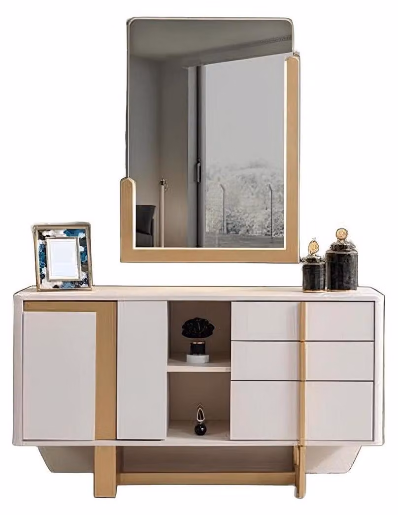 Comodino in stile moderno, colore beige, struttura in legno, design minimalista
